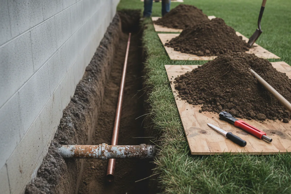 Excavated water line trench during Water Softener Installation in San Marcos